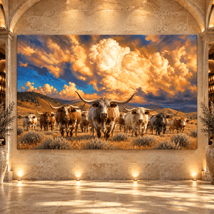 Texas Longhorn Cattle Herd Under Golden Storm Clouds Wrapped Canvas Wall Art – Western Ranch Landscape - ART OF ROYALS