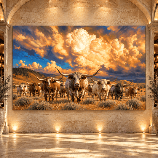 Texas Longhorn Cattle Herd Under Golden Storm Clouds Wrapped Canvas Wall Art – Western Ranch Landscape - ART OF ROYALS