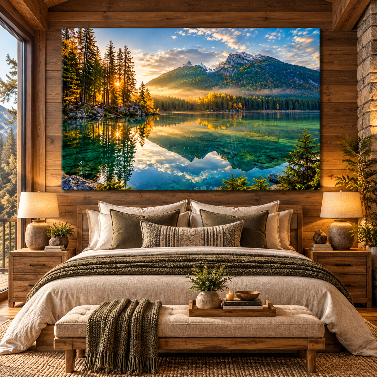 Crystal Clear Mountain Lake at Golden Sunrise Wrapped Canvas Wall Art – Alpine Forest Landscape Print