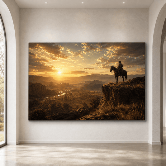 Cowboy Overlooking Western Canyon at Sunset Wrapped Canvas Wall Art – Horseback Rider Landscape Print - ART OF ROYALS