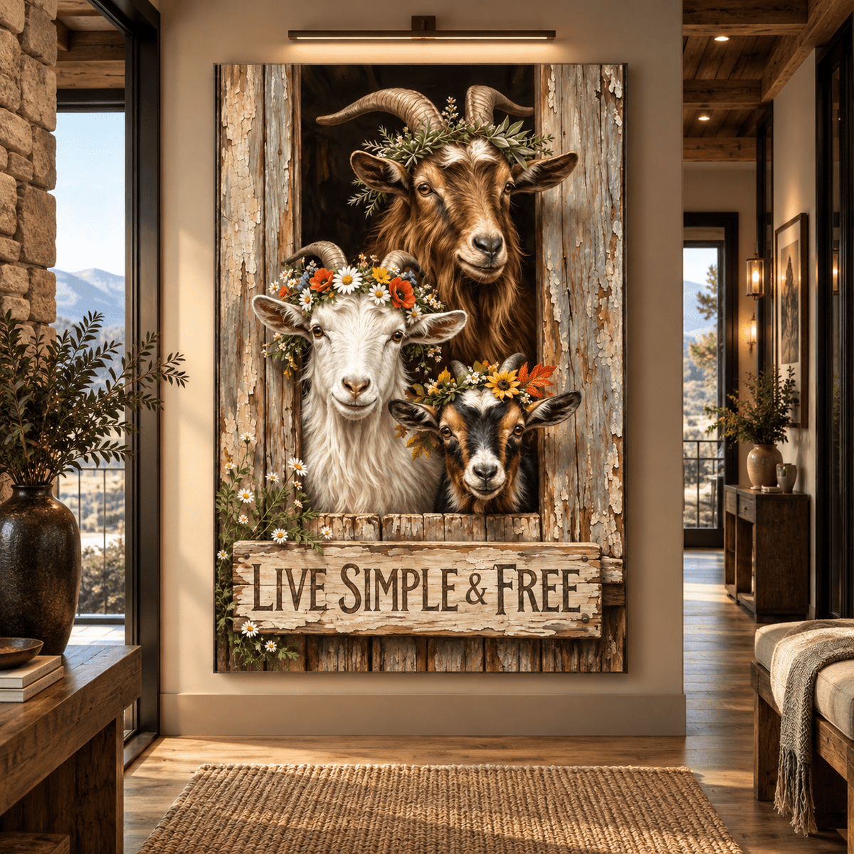 Live Simple & Free Goat Wrapped Canvas Wall Art – Rustic Farmhouse Floral Goat Decor - ART OF ROYALS