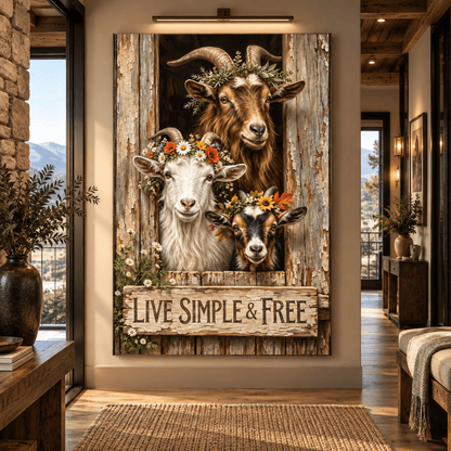 Live Simple & Free Goat Wrapped Canvas Wall Art – Rustic Farmhouse Floral Goat Decor - ART OF ROYALS