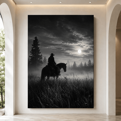 Black and White Cowboy on Horse Under Full Moon Wrapped Canvas Wall Art – Western Night Landscape Print - ART OF ROYALS