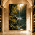 Whitetail Buck at Waterfall Wrapped Canvas Wall Art – Deer Drinking from Forest Lake Print