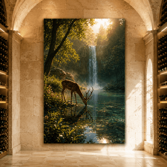 Whitetail Buck at Waterfall Wrapped Canvas Wall Art – Deer Drinking from Forest Lake Print - ART OF ROYALS
