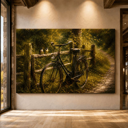 Vintage Bicycle on Country Path Wrapped Canvas Wall Art – Rustic Autumn Forest Oil Painting Print - ART OF ROYALS