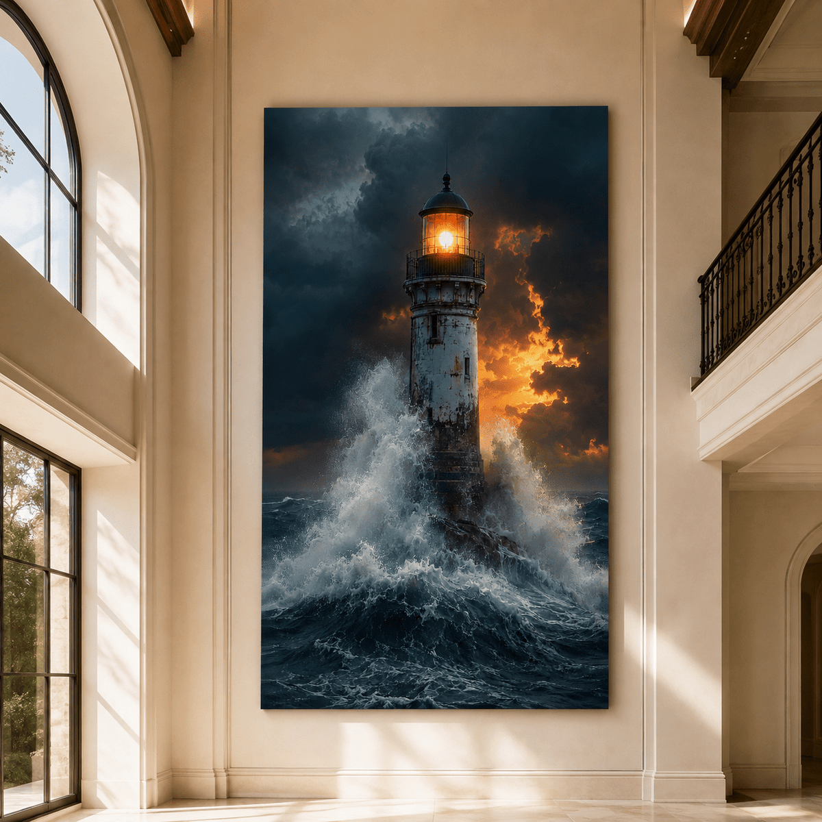 Stormy Lighthouse Wrapped Canvas Wall Art – Ocean Waves & Glowing Beacon Coastal Print - ART OF ROYALS
