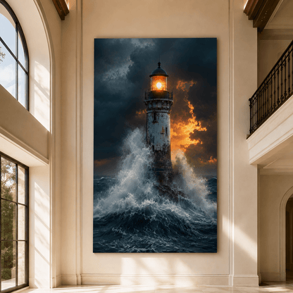 Stormy Lighthouse Wrapped Canvas Wall Art – Ocean Waves & Glowing Beacon Coastal Print - ART OF ROYALS