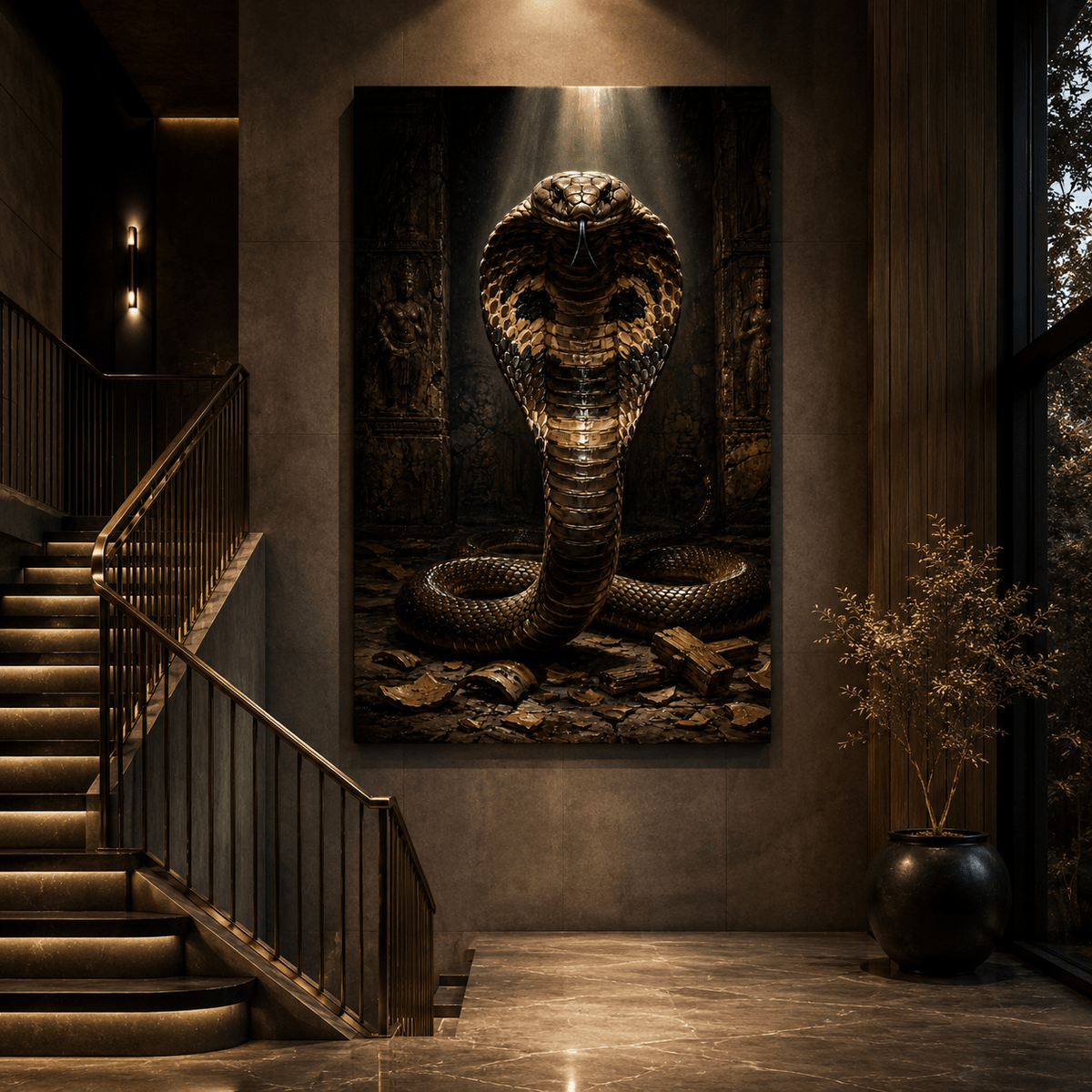 King Cobra in Ancient Temple Wrapped Canvas Wall Art – Dark Serpent Reptile Print - ART OF ROYALS