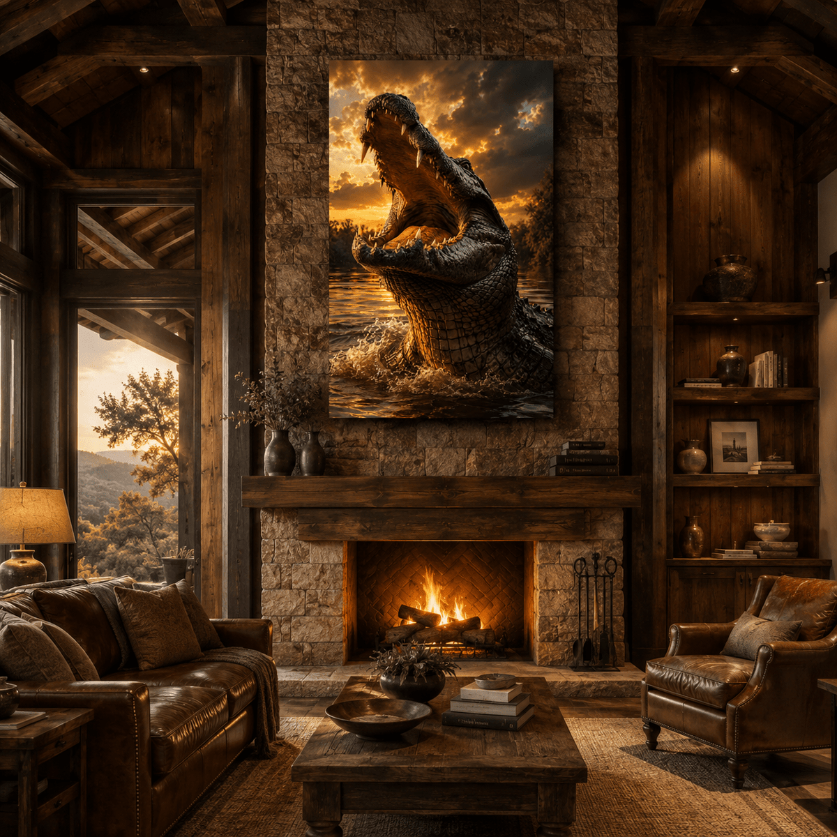 Alligator at Sunset Wrapped Canvas Wall Art – Open Jaw Swamp Wildlife Print - ART OF ROYALS