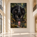 Black Panther Drinking Water Wrapped Canvas Wall Art – Dark Jaguar Wildlife Painting