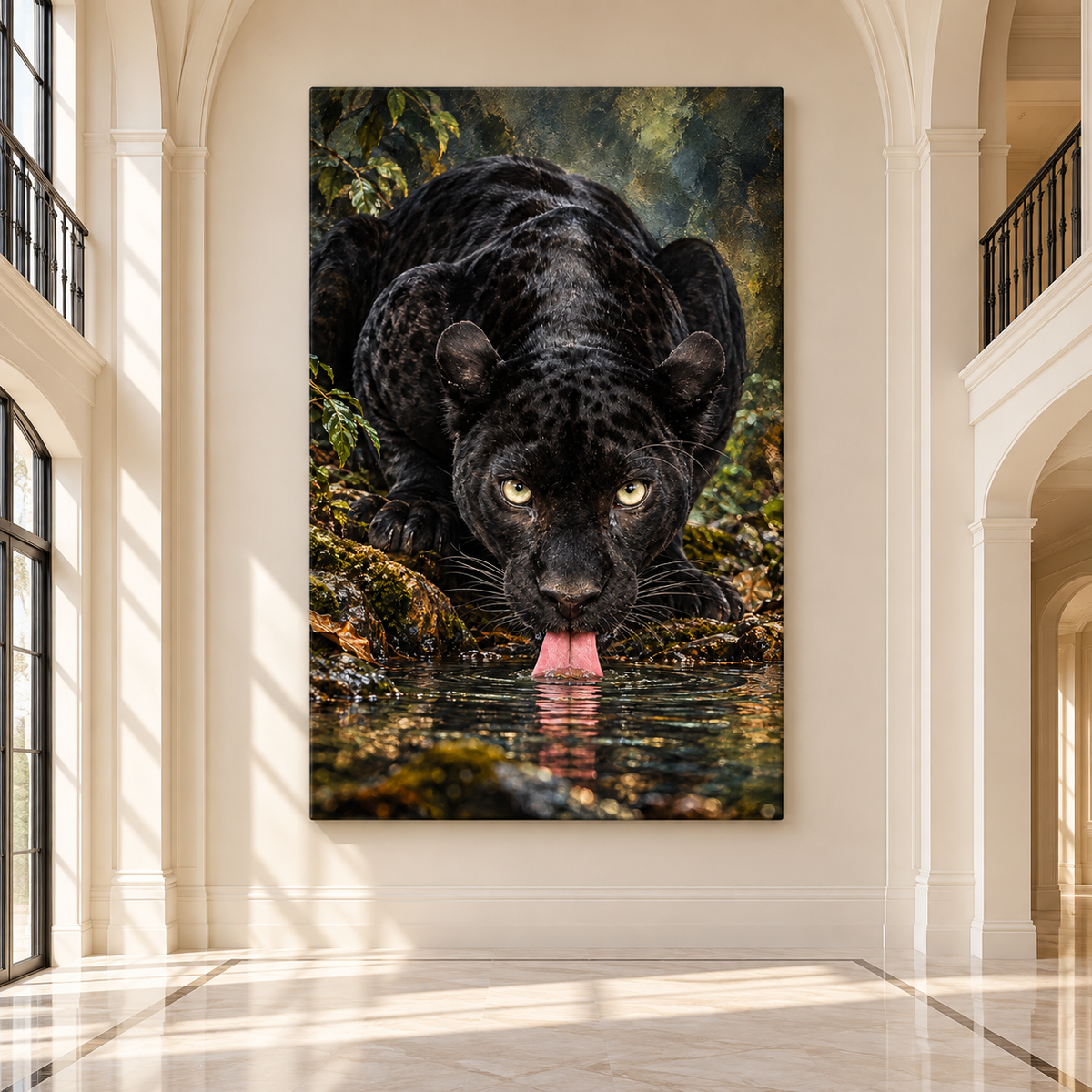 Black Panther Drinking Water Wrapped Canvas Wall Art – Dark Jaguar Wildlife Painting