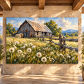Rustic Barn & Dandelion Meadow Wrapped Canvas Wall Art – Country Farm Landscape Painting