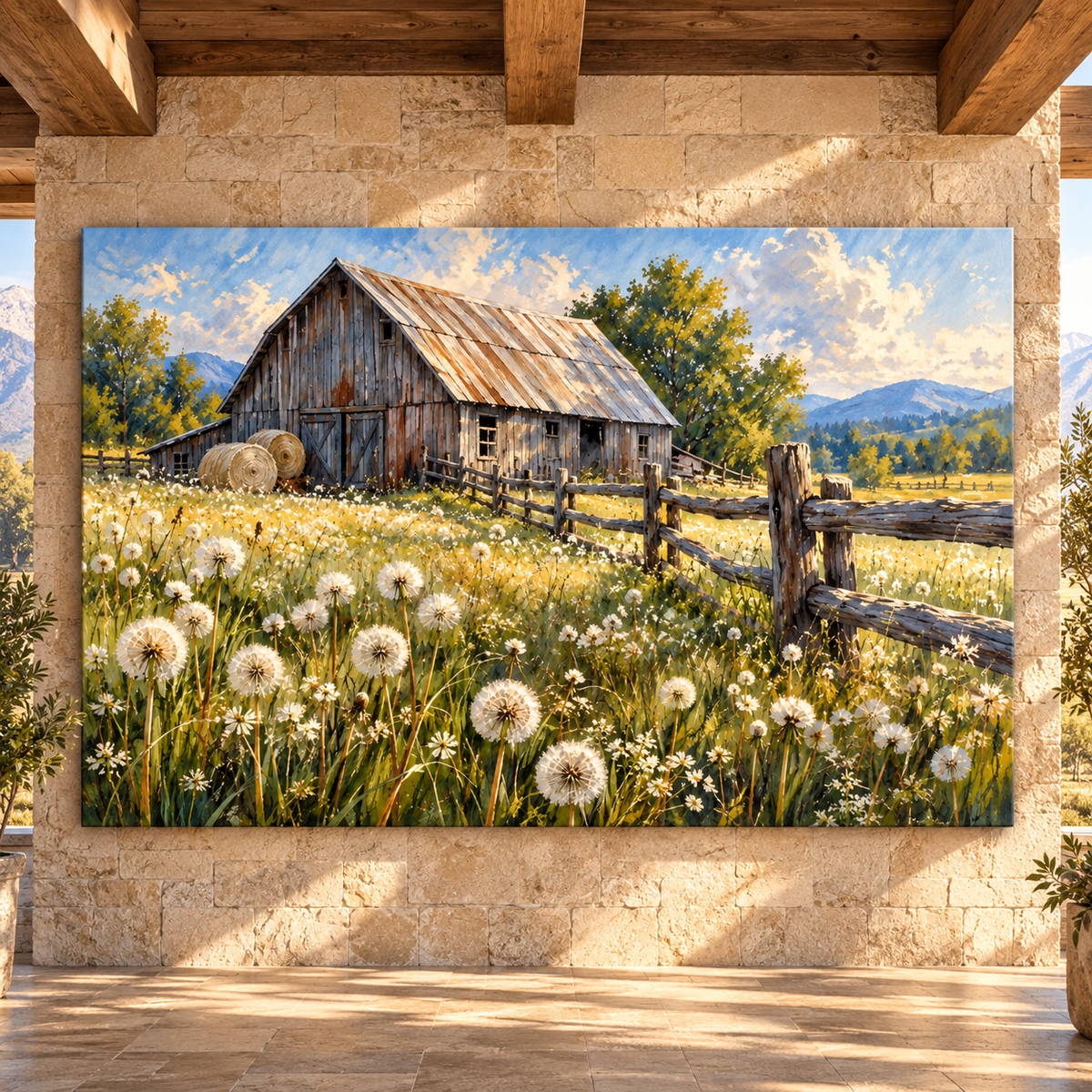 Rustic Barn & Dandelion Meadow Wrapped Canvas Wall Art – Country Farm Landscape Painting - ART OF ROYALS