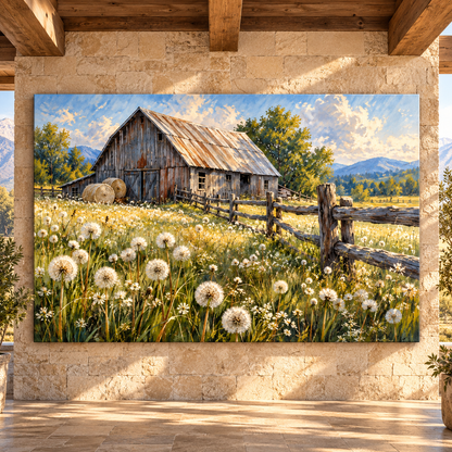 Rustic Barn & Dandelion Meadow Wrapped Canvas Wall Art – Country Farm Landscape Painting - ART OF ROYALS