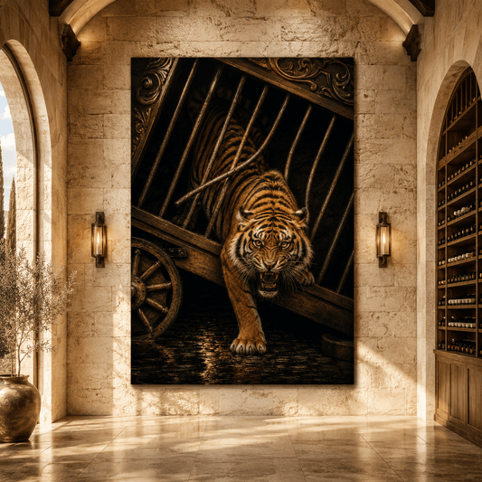 Fierce Tiger Escaping Vintage Circus Cage Wrapped Canvas Wall Art – Dramatic Big Cat Wildlife Print - ART OF ROYALS