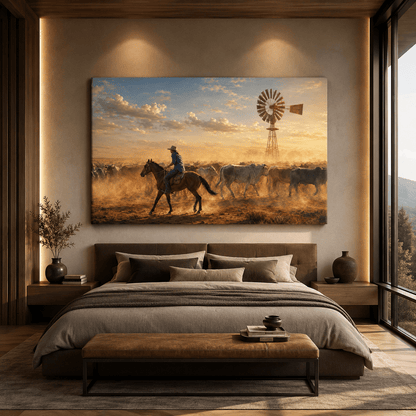 Cattle Drive at Sunset Wrapped Canvas Wall Art – Dusty Ranch Windmill Print - ART OF ROYALS