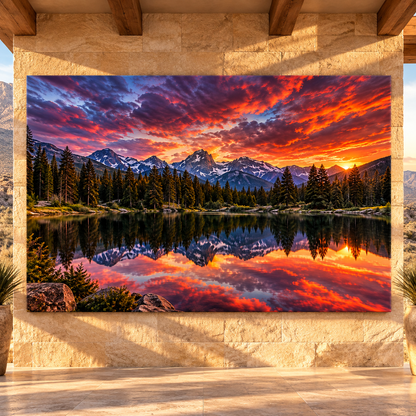 Mountain Lake Sunset Wrapped Canvas Wall Art – Dramatic Alpine Landscape with Fiery Sky