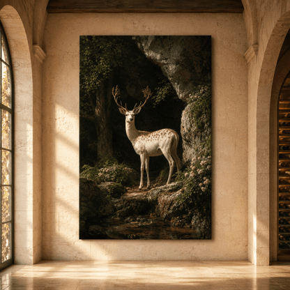 White Fallow Deer at Rose Grotto Wrapped Canvas Wall Art – Classical Fine Art Print - ART OF ROYALS