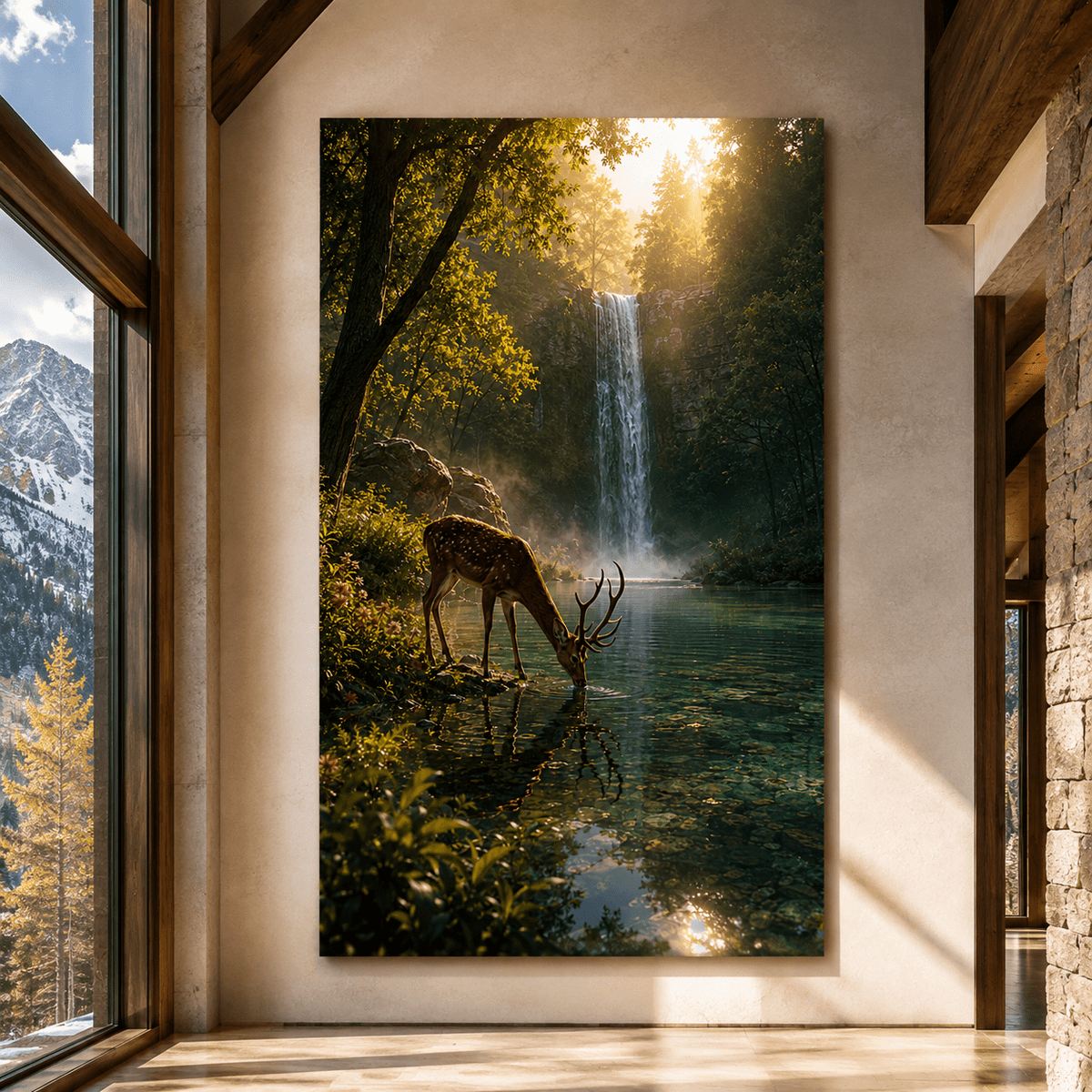 Whitetail Buck at Waterfall Wrapped Canvas Wall Art – Deer Drinking from Forest Lake Print - ART OF ROYALS