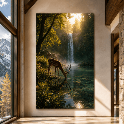 Whitetail Buck at Waterfall Wrapped Canvas Wall Art – Deer Drinking from Forest Lake Print - ART OF ROYALS