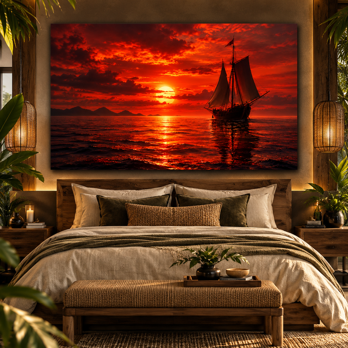 Vintage Sailing Ship at Fiery Red Sunset Wrapped Canvas Wall Art – Dramatic Ocean Seascape Print