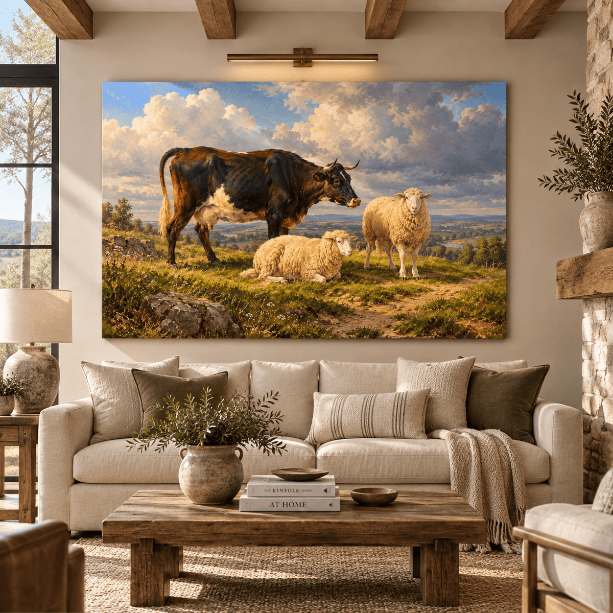 Cow and Sheep Pasture Wrapped Canvas Wall Art – Rustic Farm Animal Countryside Painting - ART OF ROYALS