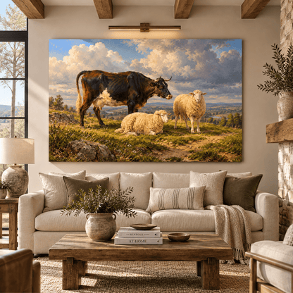 Cow and Sheep Pasture Wrapped Canvas Wall Art – Rustic Farm Animal Countryside Painting - ART OF ROYALS