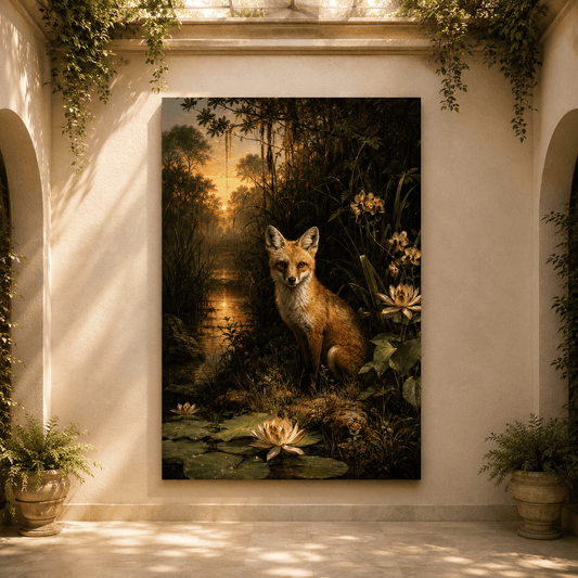 Red Fox by Lily Pond Wrapped Canvas Wall Art – Sunset Wetland Wildlife Print - ART OF ROYALS