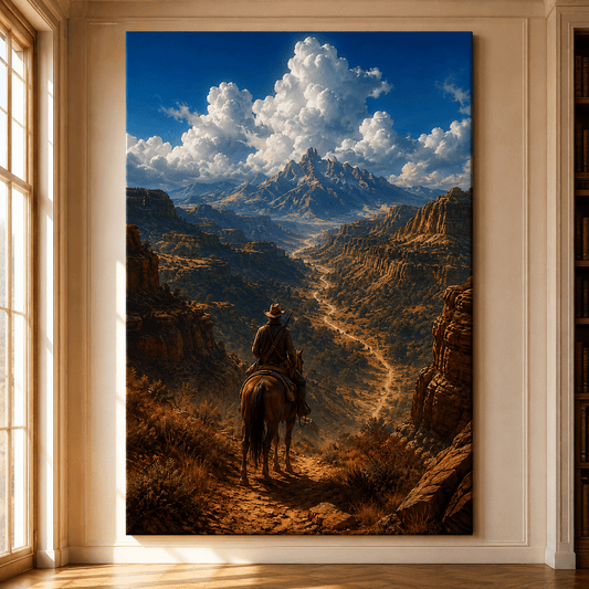 Cowboy Riding Through Grand Western Canyon Wrapped Canvas Wall Art – Mountain Trail Landscape Print - ART OF ROYALS