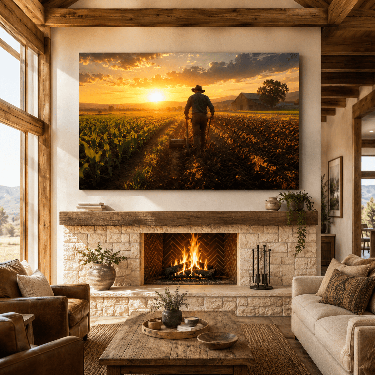 Fields of Promise – Rustic Farmer Sunset Canvas Wall Art - ART OF ROYALS