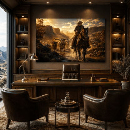 Frontier Crossing – Cowboy Cattle Drive Canvas Wall Art - ART OF ROYALS