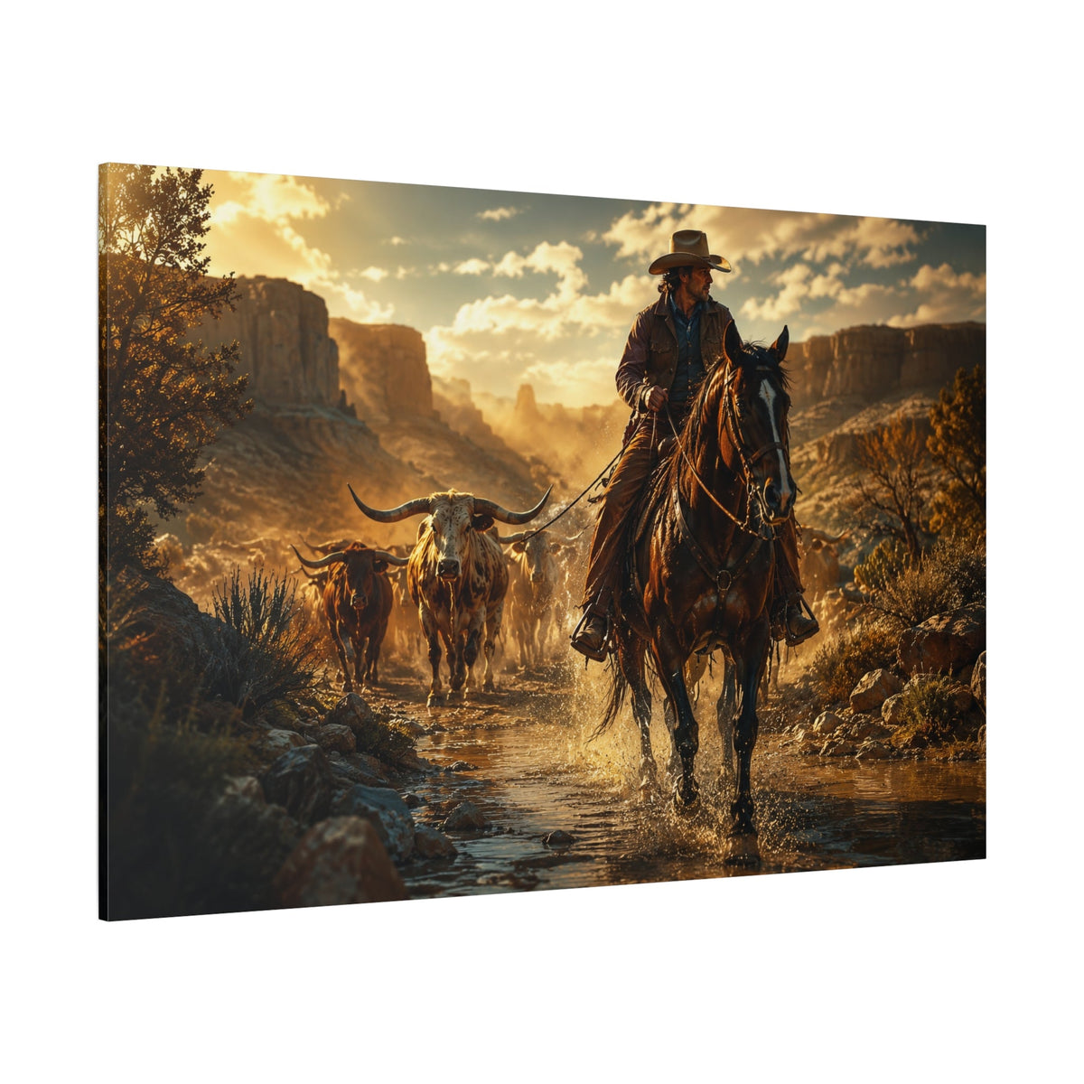Frontier Crossing – Cowboy Cattle Drive Canvas Wall Art - ART OF ROYALS