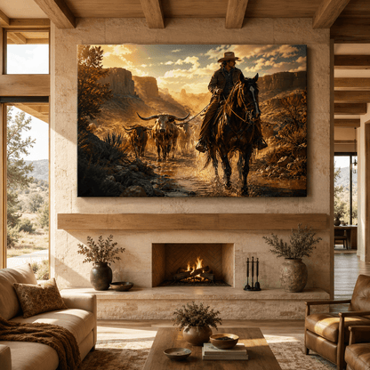 Frontier Crossing – Cowboy Cattle Drive Canvas Wall Art - ART OF ROYALS