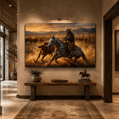Frontier Precision – Cowboy Cutting Horse Canvas Wall Art - ART OF ROYALS