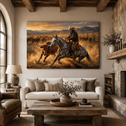 Frontier Precision – Cowboy Cutting Horse Canvas Wall Art - ART OF ROYALS