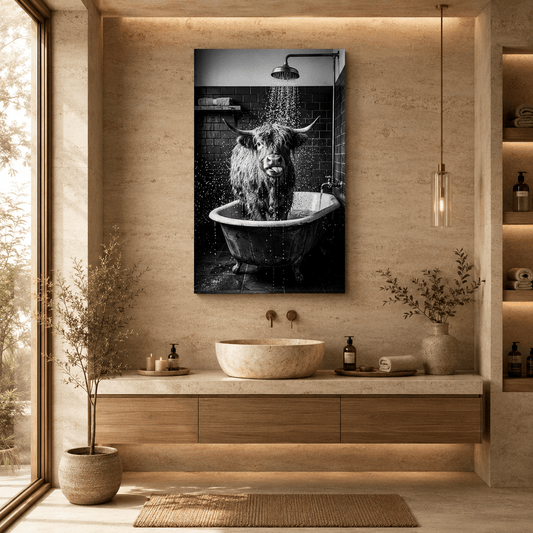 Funny Highland Cow Bathroom Canvas Wall Art – Black and White Farmhouse Shower Decor - ART OF ROYALS