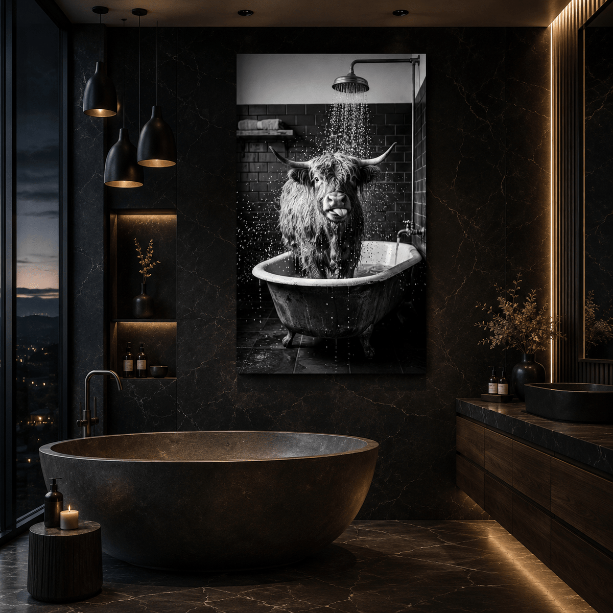 Funny Highland Cow Bathroom Canvas Wall Art – Black and White Farmhouse Shower Decor - ART OF ROYALS