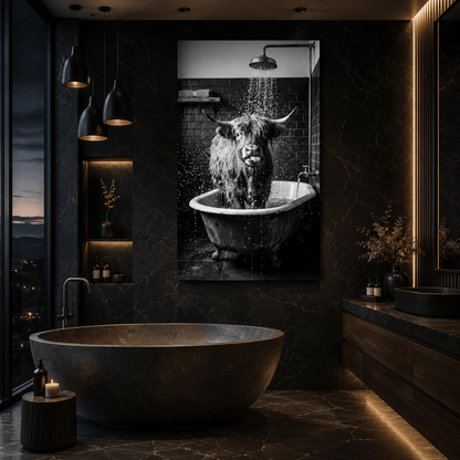 Funny Highland Cow Bathroom Canvas Wall Art – Black and White Farmhouse Shower Decor - ART OF ROYALS