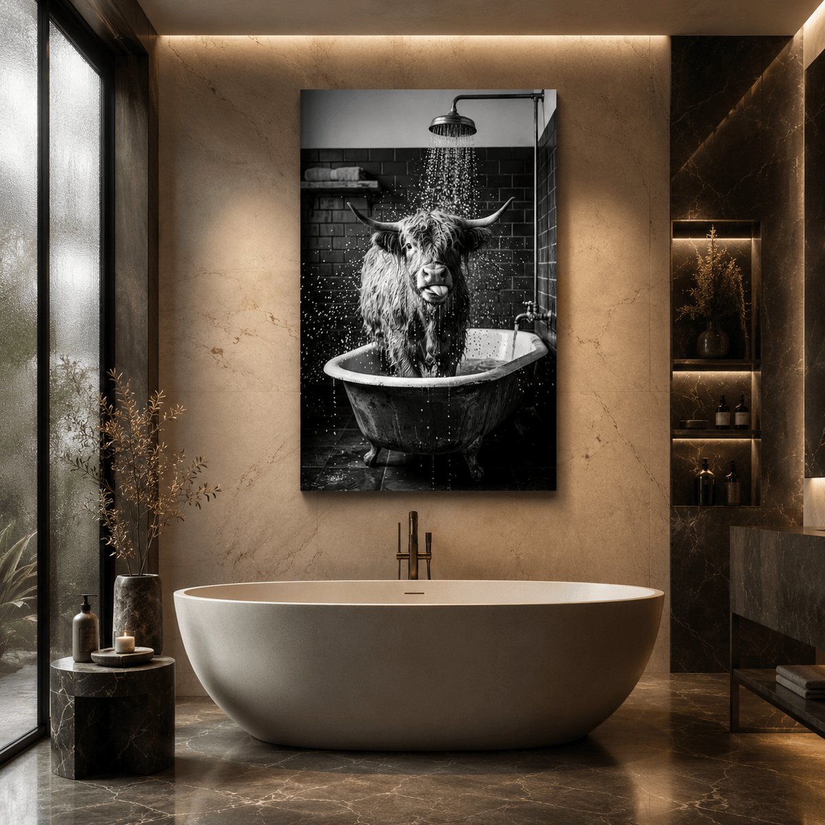 Funny Highland Cow Bathroom Canvas Wall Art – Black and White Farmhouse Shower Decor - ART OF ROYALS