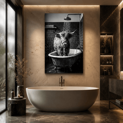 Funny Highland Cow Bathroom Canvas Wall Art – Black and White Farmhouse Shower Decor - ART OF ROYALS