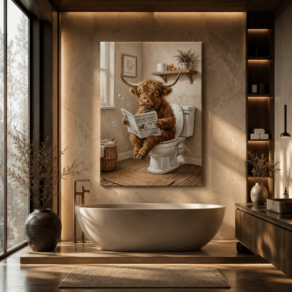 Funny Highland Cow Bathroom Canvas Wall Art – Farmhouse Cow Toilet Humor Decor - ART OF ROYALS