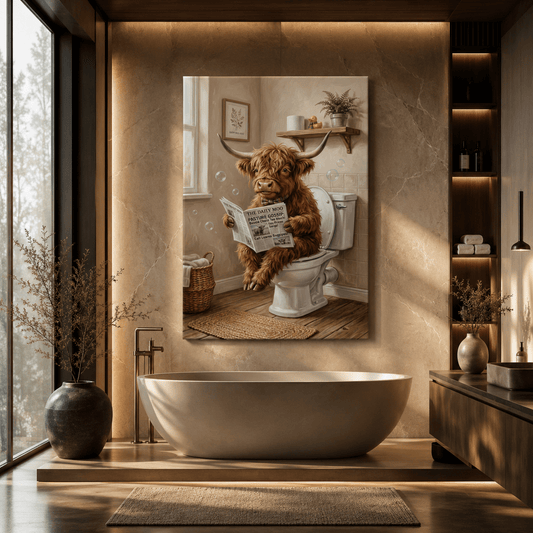 Funny Highland Cow Bathroom Canvas Wall Art – Farmhouse Cow Toilet Humor Decor - ART OF ROYALS