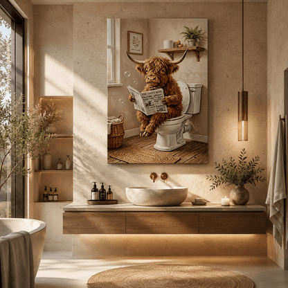 Funny Highland Cow Bathroom Canvas Wall Art – Farmhouse Cow Toilet Humor Decor - ART OF ROYALS