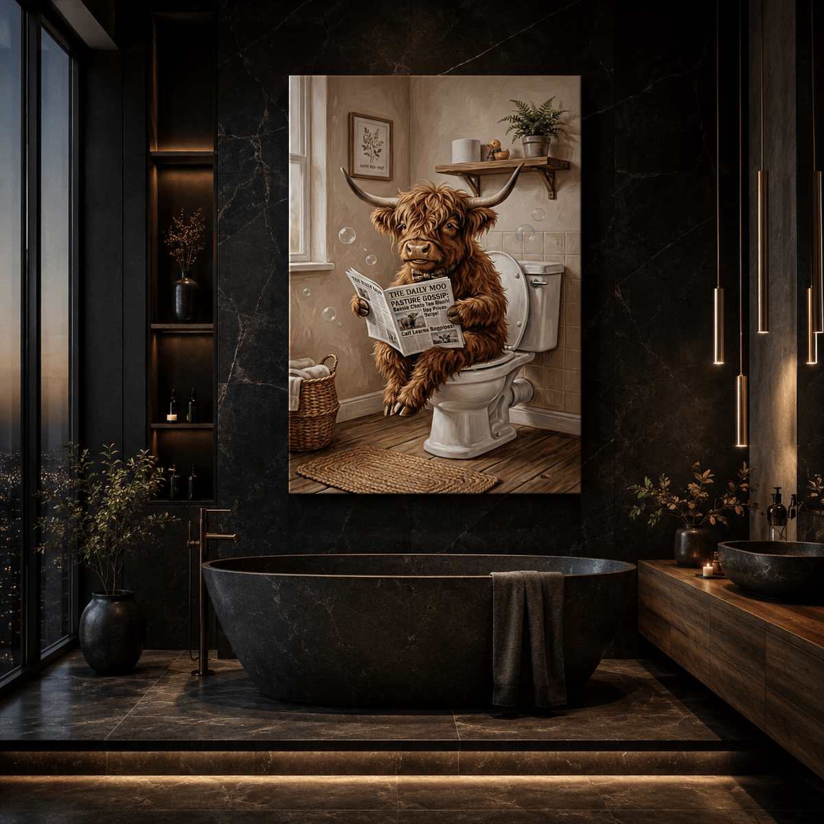 Funny Highland Cow Bathroom Canvas Wall Art – Farmhouse Cow Toilet Humor Decor - ART OF ROYALS