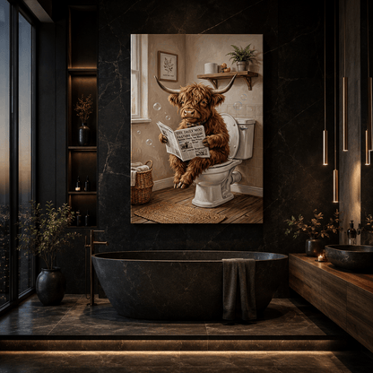 Funny Highland Cow Bathroom Canvas Wall Art – Farmhouse Cow Toilet Humor Decor - ART OF ROYALS
