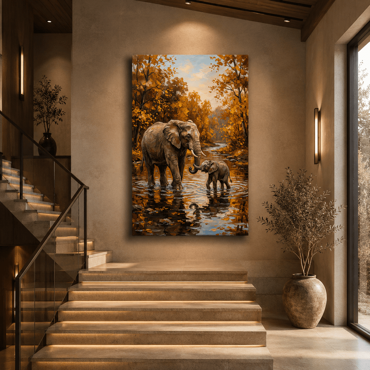 Golden Bond Elephant Mother and Baby Canvas Wall Art – Heartwarming Wildlife Family Decor - ART OF ROYALS