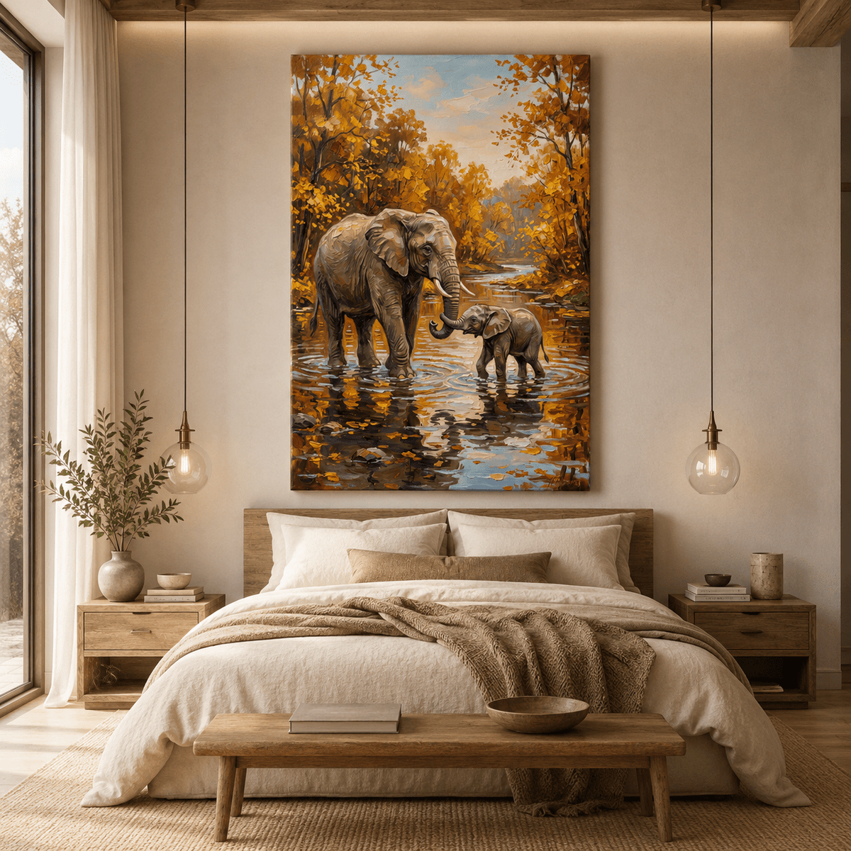 Golden Bond Elephant Mother and Baby Canvas Wall Art – Heartwarming Wildlife Family Decor - ART OF ROYALS