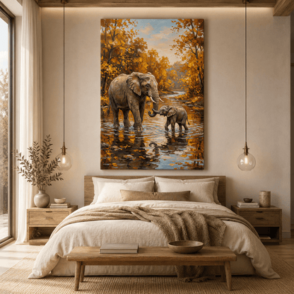 Golden Bond Elephant Mother and Baby Canvas Wall Art – Heartwarming Wildlife Family Decor - ART OF ROYALS