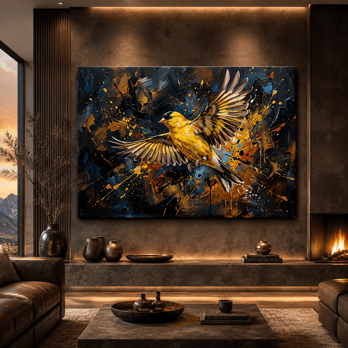 Golden Flight Burst Abstract Yellow Canary Bird Canvas Wall Art – Modern Bird Artwork - ART OF ROYALS